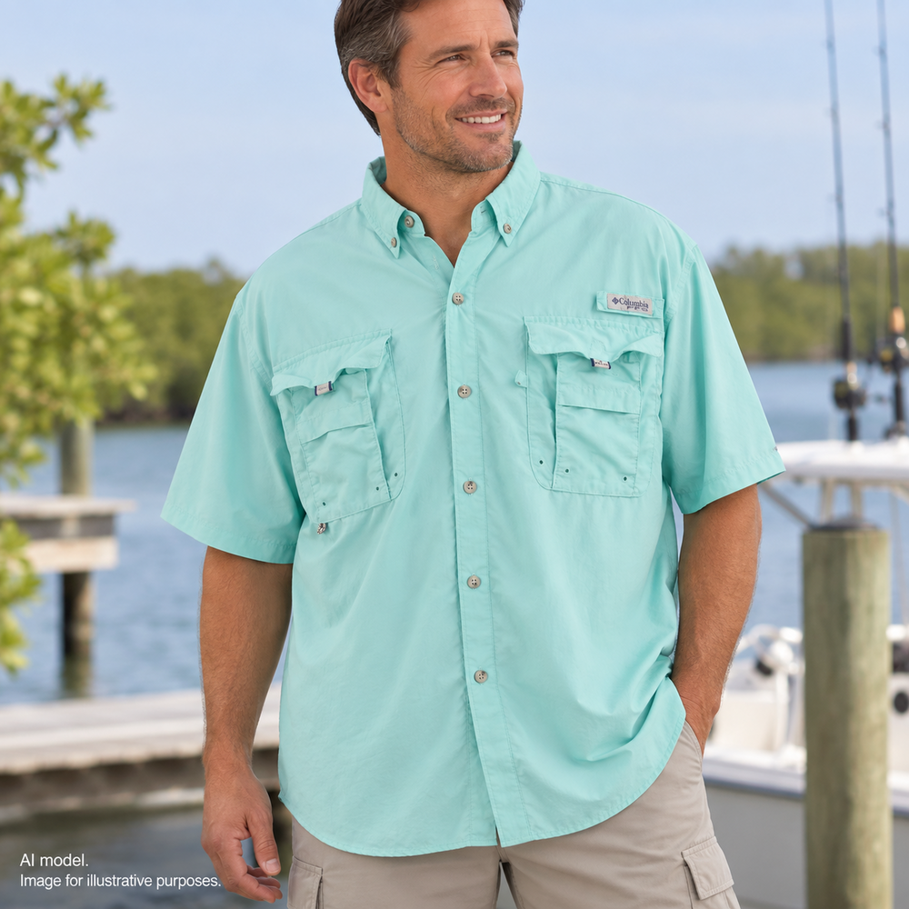 Columbia Shirt Mens XL Aqua Bahama PFG Omni Shade Vented Boat Fishing Hiking